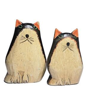 Pair of handcrafted wood Folk Art Cats Vintage 1980s Green eyes Pink ears